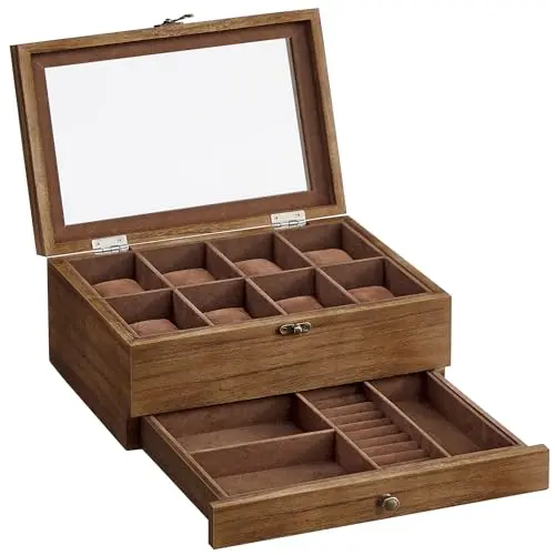 SONGMICS Uhrenbox aus Massivholz, 8 Fächer, Glasdeckel, Schmuckaufbewahrung, Geschenkidee, walnussfarben