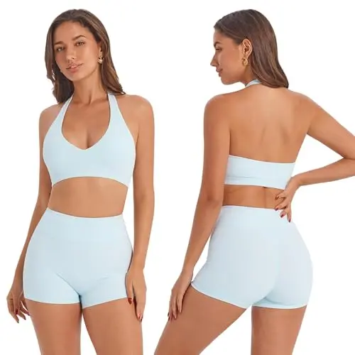 IDOPIP Damen Sport-Set Neckholder Zweiteiler, Rückenfrei, Hochtaillierte Shorts, V-Ausschnitt, Po-formend, Blau, Größe S