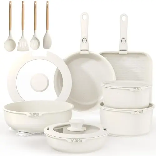 YASHE 21-teiliges Topf- und Pfannen-Set, antihaftbeschichtet, induktionsgeeignet, stapelbar, Weiß