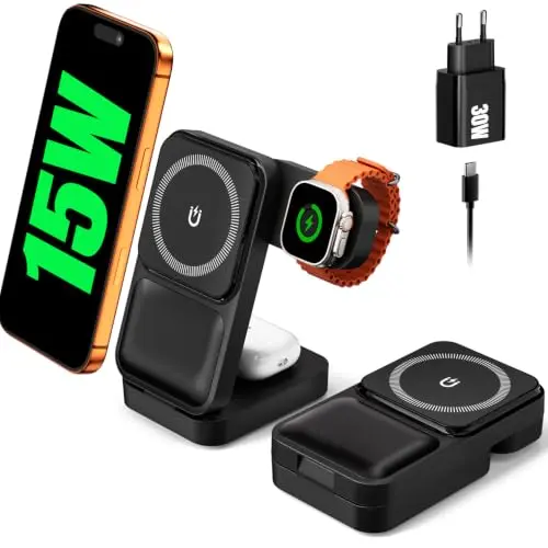 Eddibox 15W MagSafe Ladestation für Apple Watch & iPhone, 3-in-1, faltbar, Schnellladefunktion, inkl. 30W Netzteil