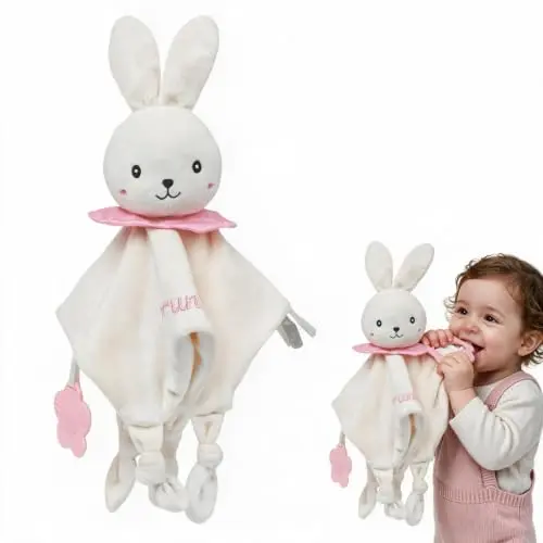 Personalisiertes Kuscheltuch mit Name - Weiches Plüschtier mit Beißring & Glocke, Geschenk für Neugeborene, Mädchen & Jungen