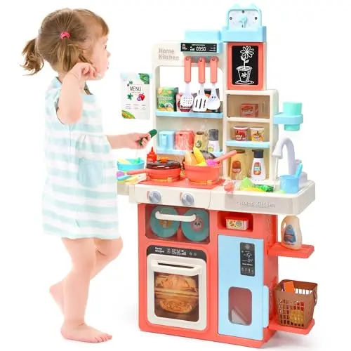 CUTE STONE Küchenspielset für Kinder mit Geräuschen und Lichtern, Kochherd, Spüle und Spiellebensmitteln, Rosa