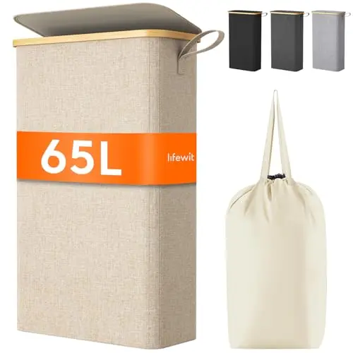Lifewit 65L Schmaler Wäschekorb mit Deckel, Faltbarer Wäschesammler für Apartment und Wohnheim, Beige