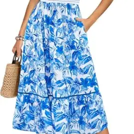 Kate Kasin Damen Blumendruck Midikleid mit Taschen A-Linie in Blau