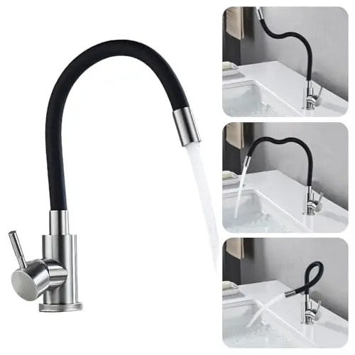Eleganter Küchenwasserhahn aus Edelstahl, drehbar, mit hohem Bogen und Wasserspar-Aerator (Silber + Schwarz)