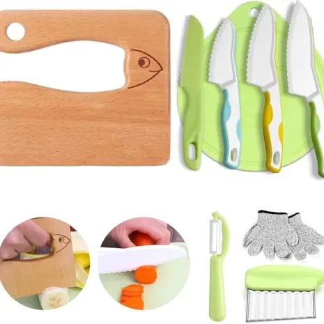 9-teiliges Kindermesser-Set für Obst und Gemüse mit Holzmesser, Schneidebrett, Schäler und Kinderhandschuhen
