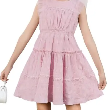 Mädchen Sommer A-Linien Kleid, Kurzarm, Rundhalsausschnitt, Rosa, 10–12 Jahre