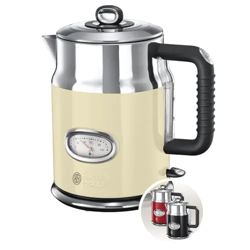 Russell Hobbs Retro Wasserkocher Creme und Edelstahl 1,7l, 2400W mit Wassertemperaturanzeige