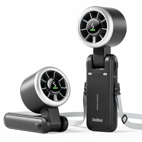 Diveblues Tragbarer Turbo-Handventilator, 5-Stufen Wind, Wiederaufladbar, 3-in-1 für Reisen, Büro & Outdoor (bis zu 12h)