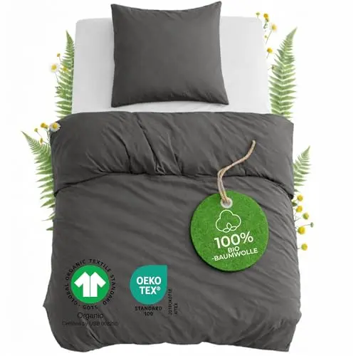 Dreamzie Kinder-Bettwäsche-Set 100x135cm, 2-teilig, 100% Bio-Baumwolle, atmungsaktiv & weich, Anthrazit