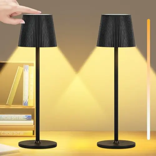 Onherm 2er Set Kabellose LED Tischlampe - Dimmbare Nachttisch- und Schreibtischleuchte, USB Aufladbar, IP54 Wasserdicht, Schwarz