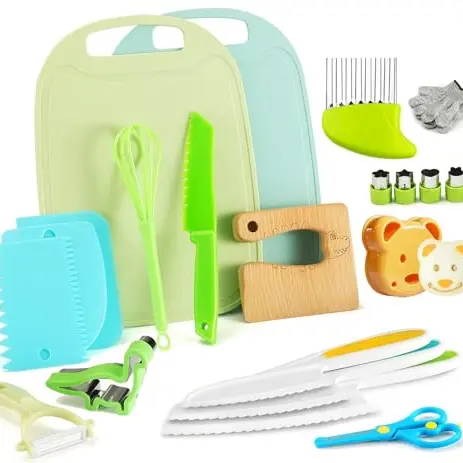 Kindermesser Set 21-teilig für Kinder ab 2 Jahren - Sichere Kochmesser und Schneidebrett für Obst und Gemüse (Krokodil)
