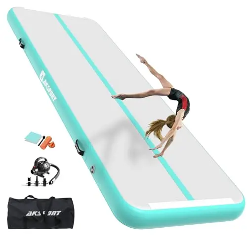AKSPORT Aufblasbare Gymnastikmatte 3-6m für Zuhause und Turnhalle, inkl. Luftpumpe