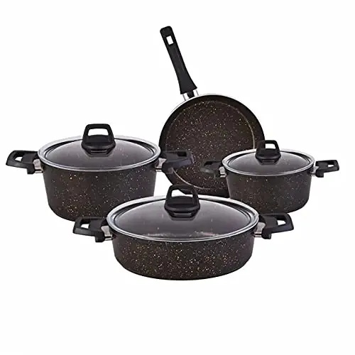 Karaca Biogranit Kochgeschirr-Set, 7-teilig, Schwarz/Gold, Antihaft, Induktion, Glasdeckel