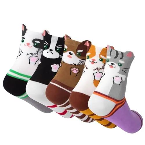 Chalier Cozy Damen Socken mit Hunde- und Katzenmotiven, Baumwolle, lustige Crew-Socken, Geschenk, Einheitsgröße