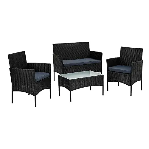 STILISTA® Polyrattan Lounge Set schwarz: 1 Bank, 2 Stühle, 1 Tisch mit Glasplatte