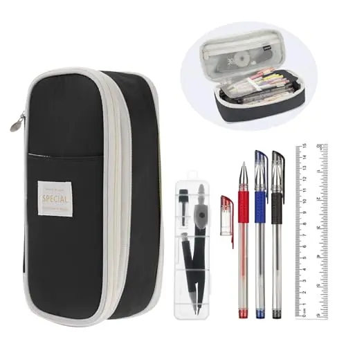 ZENGSING Federmäppchen Set mit Kugelschreiber und Zirkel für Schule & Büro (Schwarz)