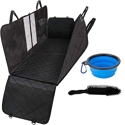 XXL Hundedecke für die Rückbank – Gepolsterte Schondecke mit Seitenschutz – Universell für jedes Auto + Faltbarer Wassernapf + Tierhaarbürste