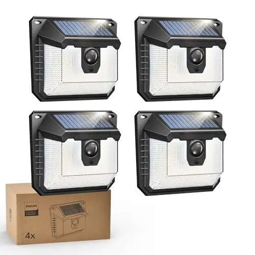 Philips Solarlampe Außen mit Bewegungsmelder, 120 LEDs, wasserdicht, 3 Modi, für Garten, Hof, Zaun, Garage (4 Stück)