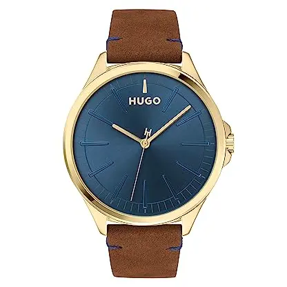 HUGO Herren Analog Quarzuhr mit braunem Lederarmband
