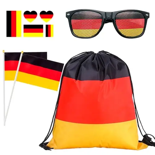 5-tlg. Deutschland Fanartikel Set für Fußball 2026 – Turnbeutel, Fanbrille, Fahnen und Tattoos