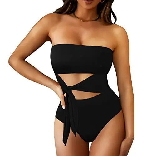 Pink Queen Damen Bandeau Monokini Badeanzug Schwarz - High Cut, Abnehmbare Riemen, Größe S