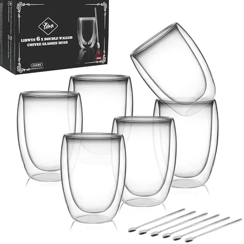 LIBWYS Doppelwandige Kaffeegläser 6x350ml mit Löffel – Cappuccino & Latte Macchiato
