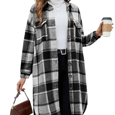 Tuopuda Damen Karierte Hemdjacke Casual Flanell Mantel mit langen Ärmeln (Schwarz, L)