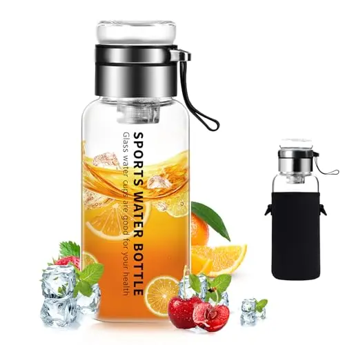 Mymanjerfu Glasflasche 1l - Wasserflasche mit Neoprenhülle und Edelstahl-Sieb - Ideal für Wasser & Getränke