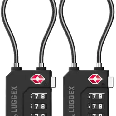 LUGGEX Kofferschloss, TSA Schloss für Flugreisen, Zahlenschloss mit Drahtseil, Geschenkbox, Kabelschloss für Gepäck & Rucksack (Schwarz, 2, 2)