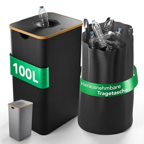 Pfandflaschen Sammelbehälter 100L mit Tragetasche – für 30-40 Flaschen & Bambusdeckel (Schwarz)