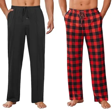 Ekouaer Herren Pyjama Hose Lang, Weiche Karierte Freizeithose, Schwarz+Rot, L