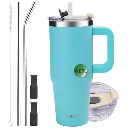 SUNTQ 850ml Tumbler mit Griff - Doppelwandige Isolierte Wasserflasche, Edelstahl Reise Kaffeebecher, Hellblau