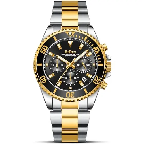 HANPOSH Herren Chronograph Armbanduhr Edelstahl Wasserdicht Quarz Uhr mit Datum - Business Casual (A02-Silber Gold Schwarz)