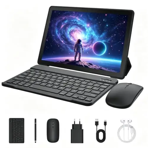 MUTSAY Tablet 10 Zoll mit Schutzhülle, Tastatur, Maus, Stift und Kopfhörern (Schwarz)