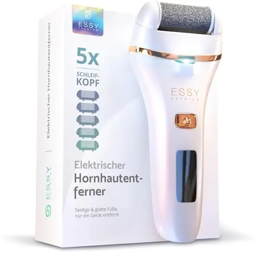 Essy Hornhautentferner, Akku, 2 Geschwindigkeiten, LED-Display, inkl. 5 Ersatzrollen, Fußpflege-Set für seidig weiche Füße