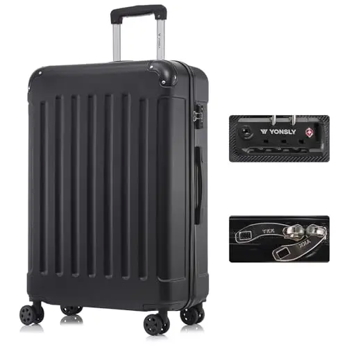 yonsly Premium Hartschalen Reisekoffer mit TSA-Schloss und 4 Rollen (Schwarz, XL)