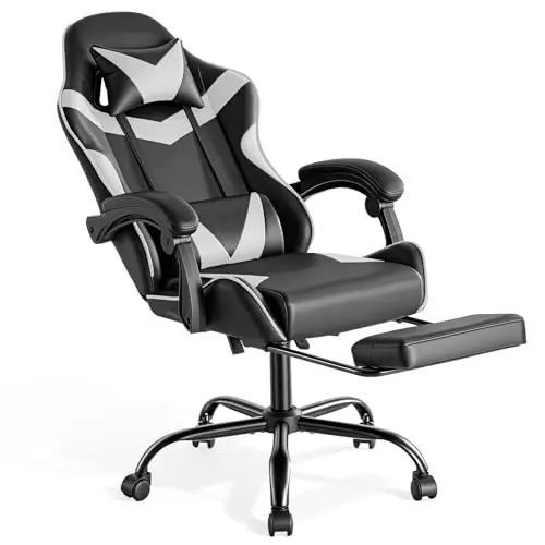 Sweetcrispy Gaming Stuhl mit Fußstütze, Kopf- und Lendenwirbelstütze, Höhenverstellbar, Drehbar, Modernes Weiß
