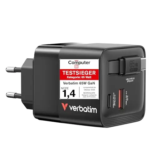 Verbatim GaN Charger 65 W 2-Port USB-C Ladegerät mit ausziehbarem Kabel, Schnellladegerät für iPad, iPhone, Samsung & mehr