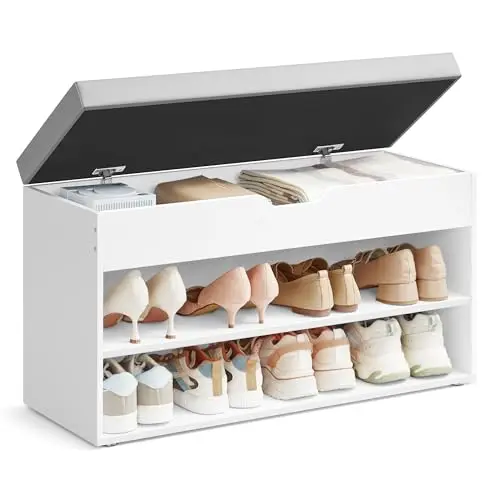 VASAGLE Sitzbank und Schuhregal mit gepolstertem Kissen, 3 Ebenen, 30 x 80 x 44 cm, wolkenweiß-Taubengrau