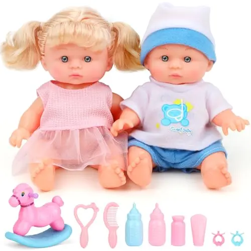 GirlDiary Puppen Set mit Schaukelpferd – Zwillinge Jungen- und Mädchenpuppe für Kinder ab 3 Jahren, inkl. Zubehör
