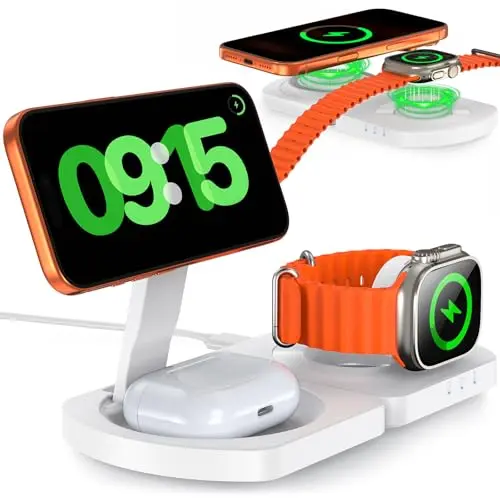 MagSafe-kompatible induktive Ladestation für iPhone, Apple Watch und AirPods, 3-in-1 Wireless Charger, Weiß