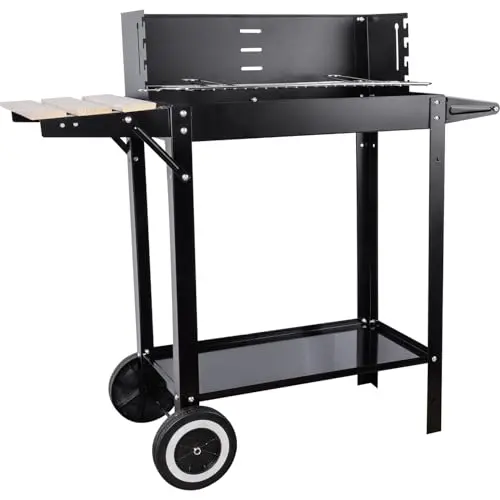Holzkohlegrill für den Außenbereich mit Rollwagen und Push-Pull-Griff, ideal für BBQ und Camping (schwarz)