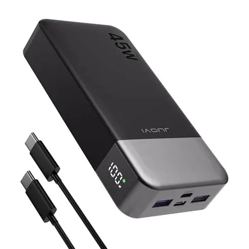 JUOVI Tragbare Powerbank 20000mAh mit Schnellladefunktion und LED-Anzeige, kompatibel mit Handy, Laptop und Tablet (Schwarz)