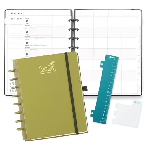 BEZEND Familienplaner 2025 - 6 Spalten, 12 Monate, Disc-Bindung, PU-Leder Hardcover, Senf