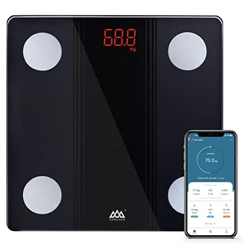 SENSSUN Digitale Körperfettwaage mit APP und Bluetooth, 150KG, 26x26cm, LED-Display (Schwarz)
