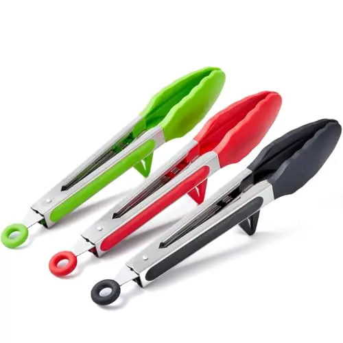 Küchenzange Set, 3 Stück 23cm mit Silikonspitzen für Salat, Kochen und Grillen (Schwarz, Rot, Grün)