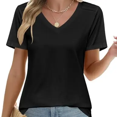 Zeagoo Damen Sommer Top, lockeres kurzarm Shirt mit V-Ausschnitt, einfarbig, Tunika, schwarz, Größe S