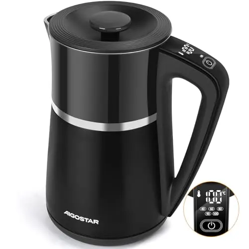 Aigostar Alva Edelstahl Wasserkocher 1,7 L mit Temperatureinstellung, kabellos, leise, Schwarz