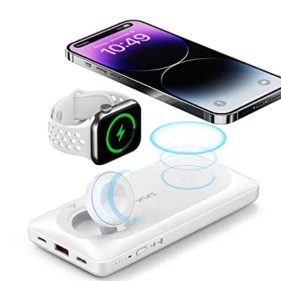 VRURC 10000mAh Powerbank - 3-in-1 tragbares Ladegerät, kabellos, kompatibel mit iPhone und Samsung, Weiß